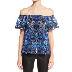 Alice + Olivia Maxie Lace Off Shoulder Embroidery Top Blouse Blue Multi Size XS